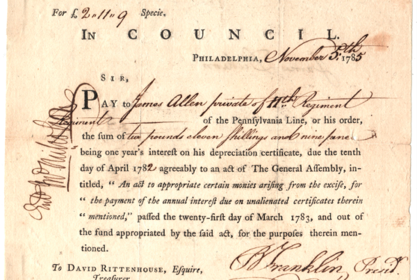 Benjamin Franklin Signed Interest Payment on Depreciation Certificate, 1785