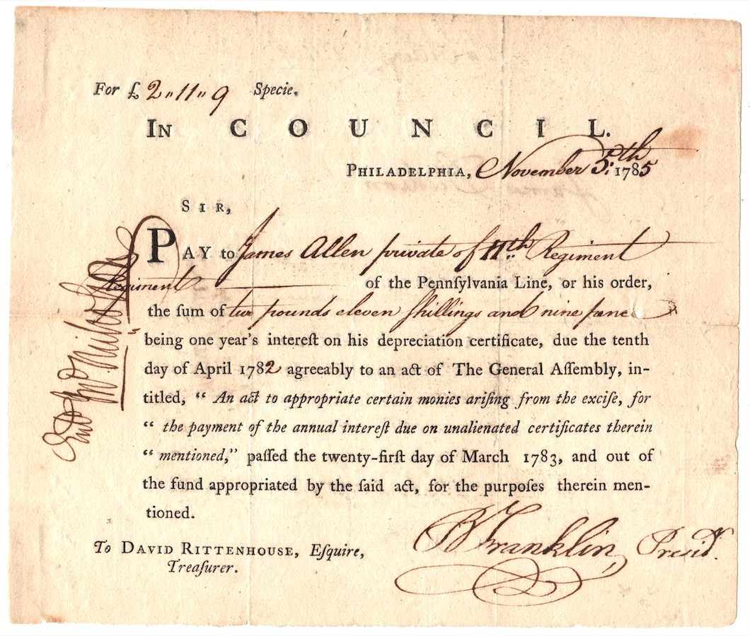 Benjamin Franklin Signed Interest Payment on Depreciation Certificate, 1785
